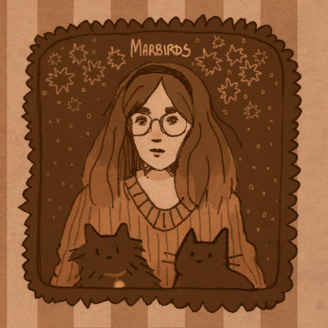 an illustrated portrait of a white woman with round glasses and shoulder length hair in a yellow sweater with two black cats on her lap. One cat is fluffy while the other is short haired. The whole drawing is framed with stamp edging at the edge, there is striped wallpaper behind the drawing. The whole drawing has a sepia tone and is slightly paper textured.