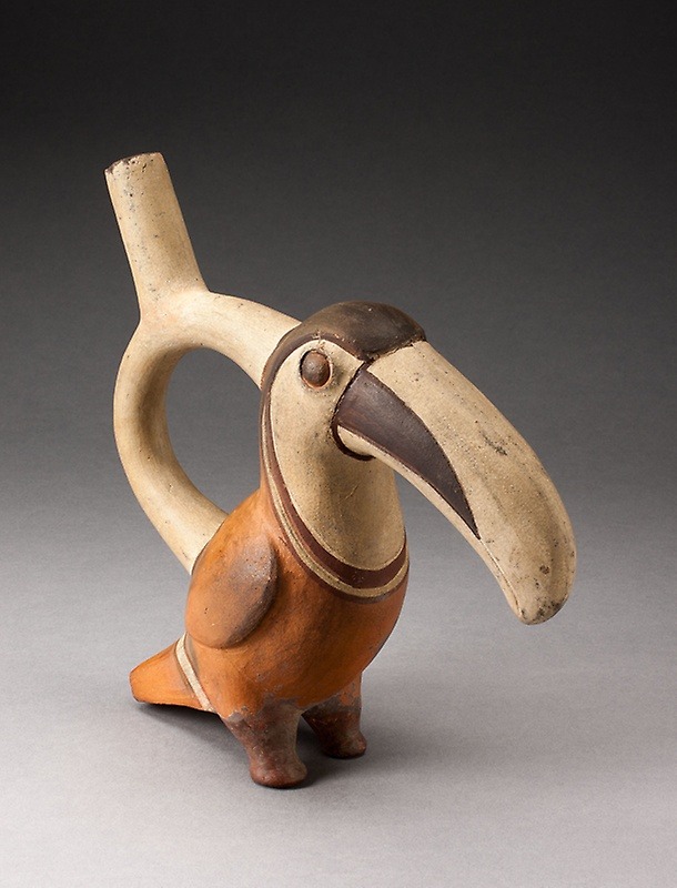 ~ Handle Spout Vessel in Form of a Toucan.
Date: 100 B.C.-A.D. 500
Culture: Moche
Place of origin: North coast, Perú
Medium: Ceramic and pigment