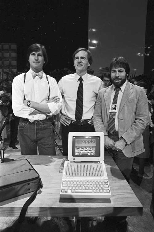 Steve Jobs, John Sculley, Steve Wozniak; at the Apple IIc introduction; April 24, 1984.