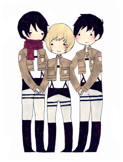 paperlune:  Mikasa, Armin and Eren chibis Some adorable kids. Adorable trio.