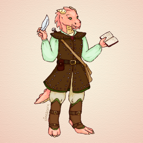 cinnacorn:drew a thing!!! I am finally playing D&D again and here is my character. she’s a dragonborn bard named Rosie.she actually came to me pretty much entirely in a dream with the exception of her name, so I gave her the comically long draconic name Ghorosiskishioreilthyeo Ibafarshanaltiui, but Rosie for short. I dreamed up her race, personality, backstory, class, etc, which was rad as heck. she’s a lore bard who plays a wooden flute and specializes in healing magic. she’s very academic-minded and her call to adventure was when bandits burnt down her school. she’s naive and a little ignorant of how the world works, but also a mom friend and band geek. she writes down everything she learns that’s magic-based, but also has a bit of a travel blog newsletter going since she likes to write down her experiences in new places.in my dream she was pink, but there are no official pink dragon races. I decided she was therefore a gold dragonborn who had some copper dragon(born) ancestor that made her look more rose gold. fudging the rules for aesthetic, y’all! #original art#original characters #dungeons and dragons