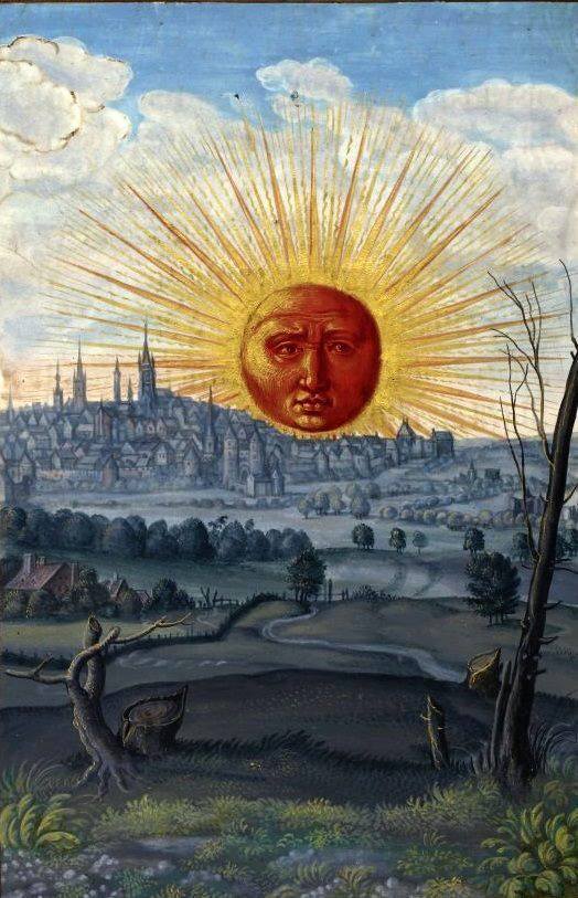 mythologyofblue:  Miniature of a Raising Sun and a  Black Sun (Sol Niger) setting