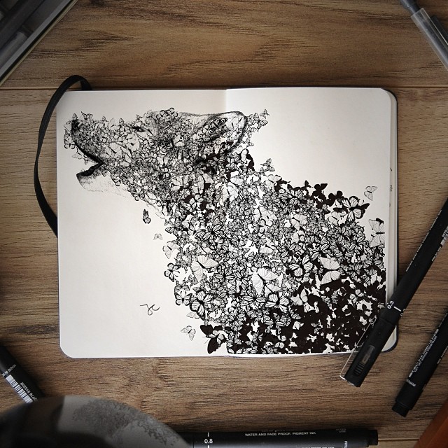jedavu:  Surreal Hybrid Drawings Bloom and Burst Across Sketchbook PagesSelf-taught