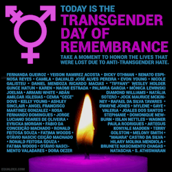 equaldex:  Today Is The Transgender Day of Remembrance Take a moment to honor and celebrate those lives that were lost due to anti-transgender hate. Above is a list of the individuals who lost their lives this year. This is just a fraction of the trans