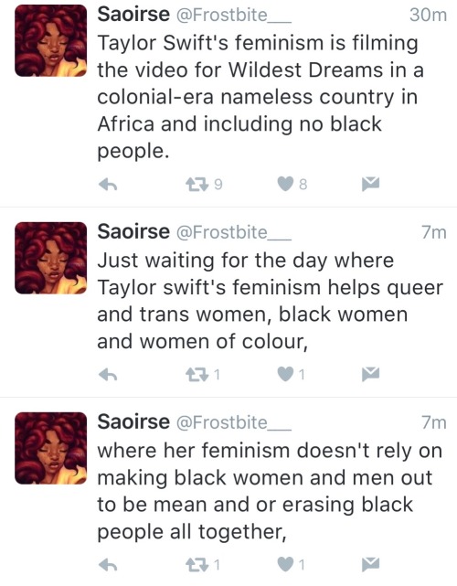 therealstarfire: I’m seeing calls for people to defend Taylor swift and again seeing Taylor swift used to degrade other women who don’t fit the respectable feminist image.  As a black woman I don’t owe her shit nor does anyone else in the name of