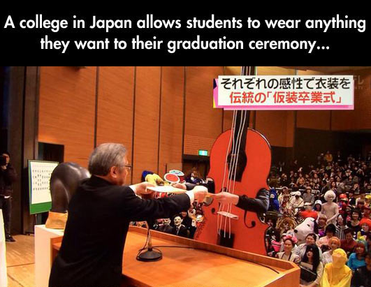 cosplaysleepeatplay:  While American students solemnly plod across a stage, be-cap