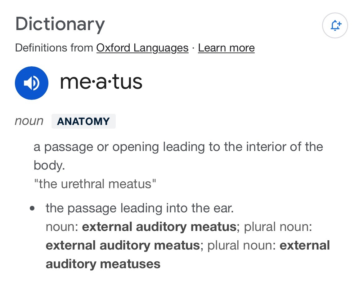 meatus. nounANATOMY a passage or opening leading to the interior of the body. "the urethral meatus" the passage leading into the ear. noun: external auditory meatus; plural noun: external auditory meatus; plural noun: external auditory meatuses