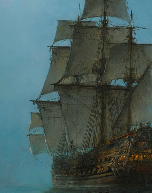 paintingses:The Crescent Moon (detail) by Montague Dawson (1895-1973)oil on canvas, date unknown (ea