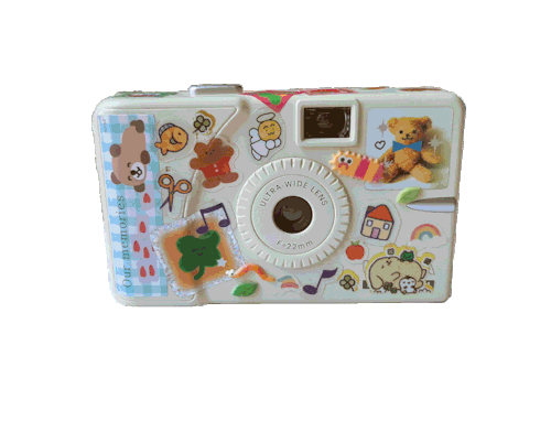 a horizontally spinning gif of a white portable reusable film camera on a transparent background. there are stickers on every side. the front a combination of puffy bug stickers, pompom purin laying in some clovers, cute fish, and a light brown graphic bear laying on a blue checkered background strewn about with photos of hearts with the words "Our memories" on it. on the back, "LOVE U 1234" is spelled out with orange letter stickers above fuzzy bunny and caterpillar stickers.