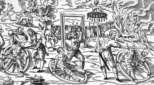 A woodblock print by Lucas Mayer depicting the execution of Peter Stump, circa 1589.Peter Stump was 