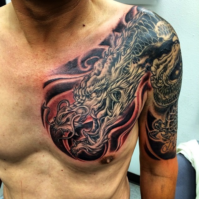 Andrew Drumm — A dragon chest plate cover up. #dragontat #dragon...