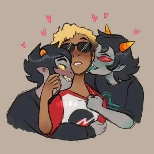 Give me any arrangement of Karkat, Dave, and Terezi and I’m a happy camper, but give me all three and I think Dave is the happiest camper.
@oh-no-im-fucked, @uhhdavekat and I decided we all wanted to draw davekarezi: [x] [x]