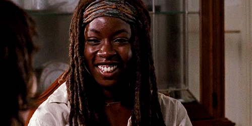 carolsdixxon: Michonne + Smiling Hmm. Notice that in all of these pics except two they involve Rick 