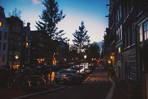  Downtown Amsterdam at dusk, Amsterdam, The Netherlands. November 2013 