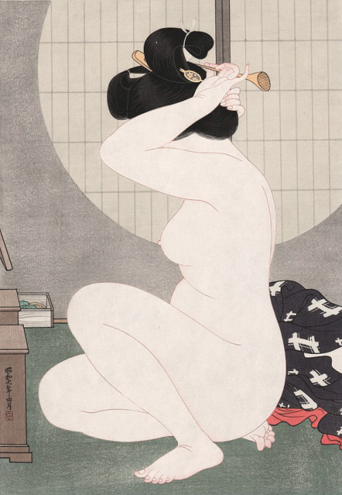 blackcoffeecinnamon:    Hirano Hakuhou (1879-1957)    平野白峰 Arranging Hair Before a Window, 1932