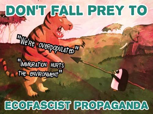loveize:queeranarchism:guerrillatech: The planet can support billions but not billionaires. Ecofascism 101 [image description: a drawing of a small penguin pointing a spear at a tiger. text on the tiger says “we’re overpopulated” and “immigration