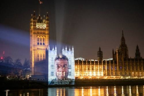 London, UKA video is projected on to the Houses of Parliament in Westminster by the pressure groups 