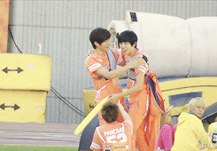 myeong-su:  myungsoo tossed a water bottle to dongwoo that hit him in the head 