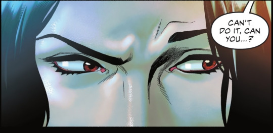 A close-up on Nocturna's red eyes as someone asks, "Can't do it, can you?" in Road to Dark Crisis.