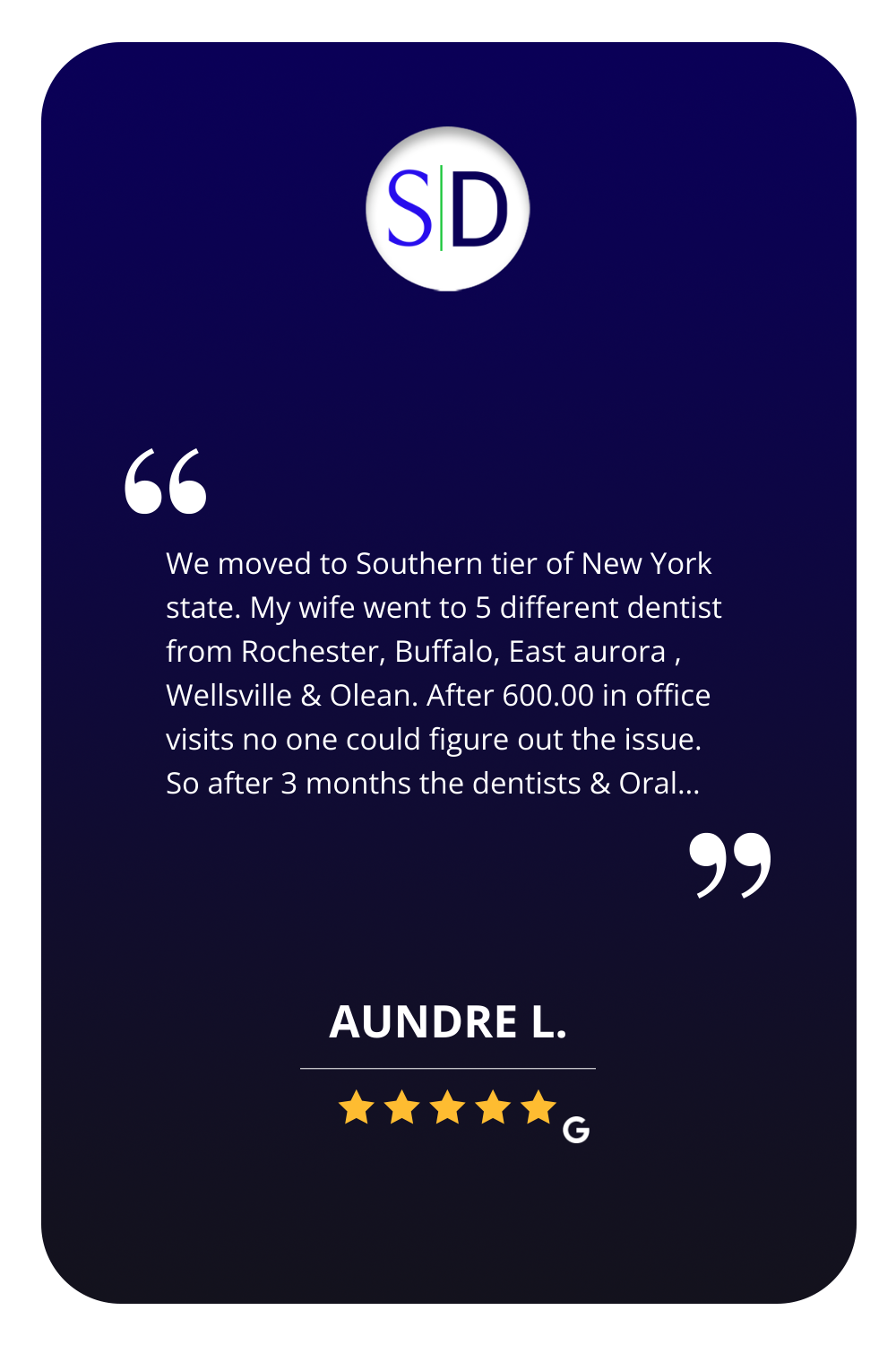 We appreciate our patients!
Here is our latest Five-Star Review from aundre l. We enjoy recognizing those patients who take the time to fill out a review and let us know how we are doing.
Here is what our latest 5-star reviewer had to say about their...