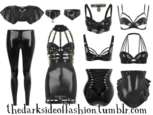 thedarksideoffashion:  All latex everything <3 (links below) Cape / Leggings / Crystal Choker / O-ring Choker / Cameo Choker / Dress / Bra1 / Bra2 / Bra3 / Bra4 / Bottoms1 / Bottoms2  