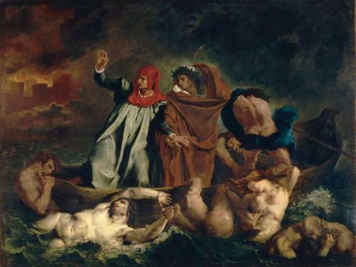 learnarthistory:The Barque of Dante (Dante and Virgil in the Underworld) by Eugene Delacroix (1822) 
