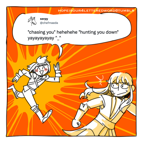 sorry everyone[Image 1 ID: One-panel comic with white figures on a bright red-orange background. An 