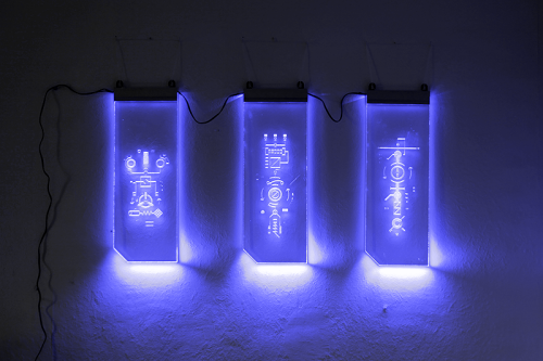 cf-12:  アンテナ / antennas (2014) Laser engraving, RGB LED 1, 2, 3 