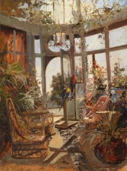 pintoras:  Olga Wisinger-Florian (Austrian, 1844 – 1926): Umkreis/Circle Sonniger Wintergarten mit Papagei (via Dorotheum)