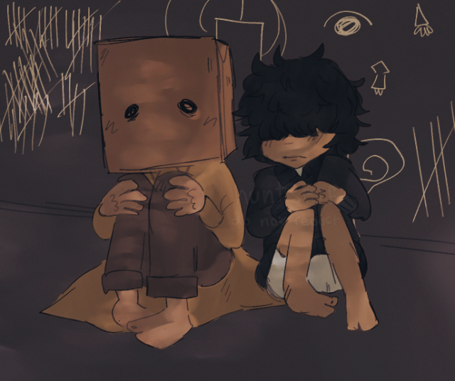 an image of mono (left) and six (right) from little nightmares. they are both sitting down and hugging their knees. on the wall behind them there are various doodles of the broadcast tower, nomes, eyes and six, along with some tally marks. 