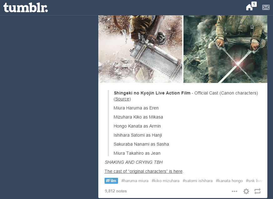 Whoa, my SnK live action movie cast post from yesterday actually got highlighted