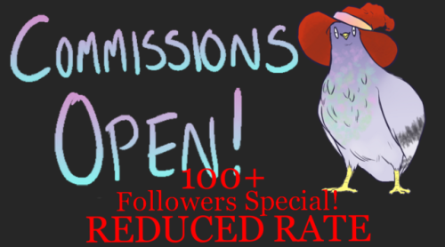 thepigeoningarts: Hey Everybody! To celebrate my art blog hitting 100+ followers I’m going to be fea