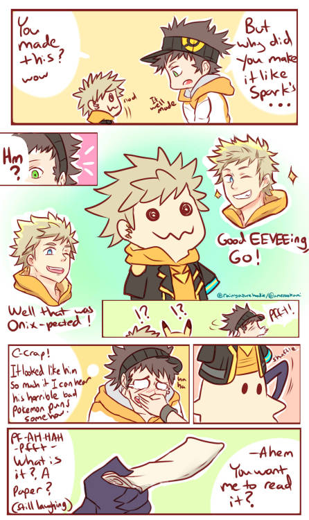 rainyazurehoodie:  It was a random not thought out well idea. Mimikyu and Pikachu want to show Spark their outfits, also Go sometime can’t but laugh at horrible pokemon puns. 