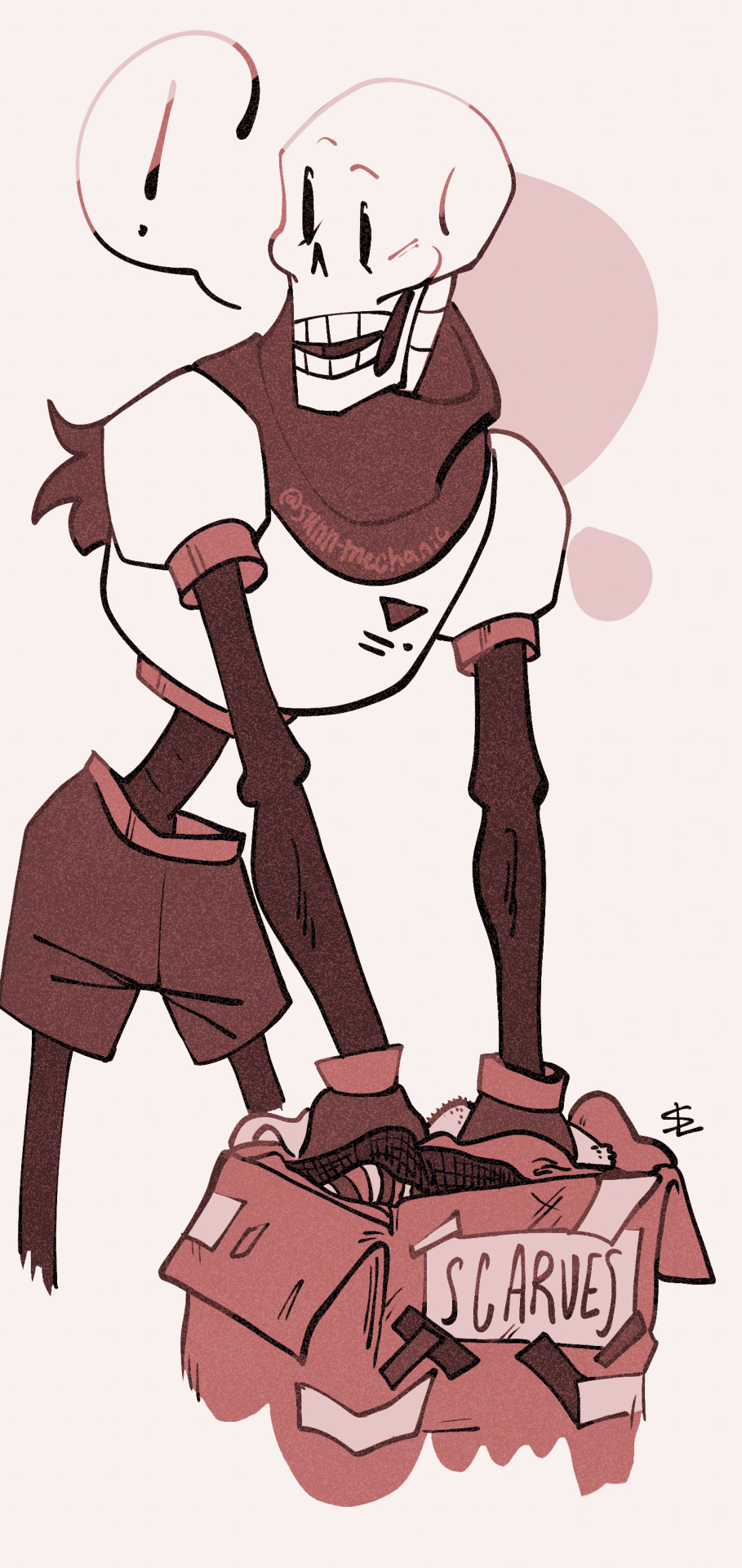 A digital drawing of Papyrus from Undertale shuffling through a beat-up box of scarves. He's been distracted by something off-camera, smiling off to the side and exclaiming something. His text bubble only has an exclamation mark in it. He's colored in white and monochrome reds.