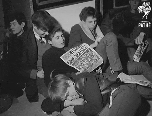 twinka:A sleepy pile of boy fans waiting at the airport to welcome The Beatles home, 1964.From here.