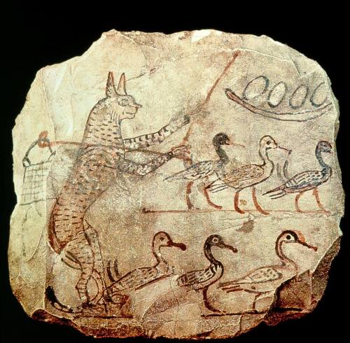 Cat Guards Six GeeseAn ostracon depicting a cat with a shepherd&rsquo;s crook and a bag over his sho