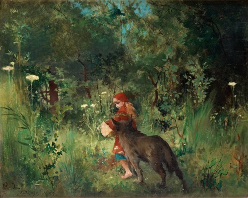 oldchildrensbooks:Little Red Riding Hood and the Wolf in the forest.1881 Oil on Canvas.37 x 45 cm.Ar