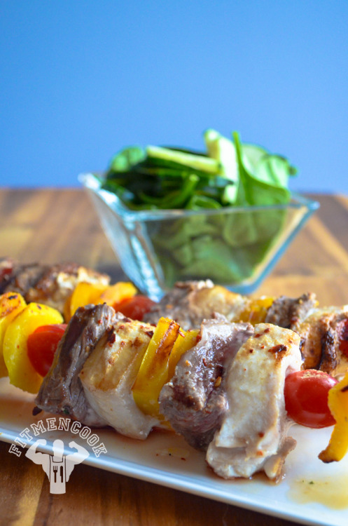 Surf and Turf Muscle Kabobs! Swordfish steak &amp; flank steak with cherry tomatoes and yellow bell 