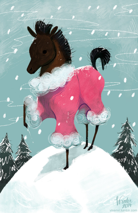 vixenvi:  I saw a little foal in a pink… horse pyjamas (???) this morning and I had to illustrate it. Because com’on, you can’t not illustrate tiny horses in pink pj’s in the snow. I’m not sure if I have the correct source, but here’s a link
