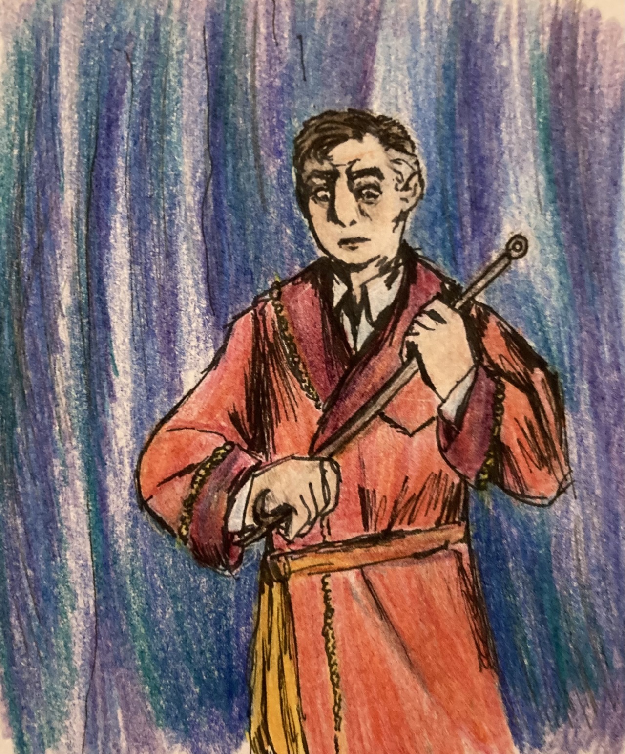 [id a traditional drawing of leyden from the mask of dimitrios from around the hip up. he’s dressed in a robe and is holding 