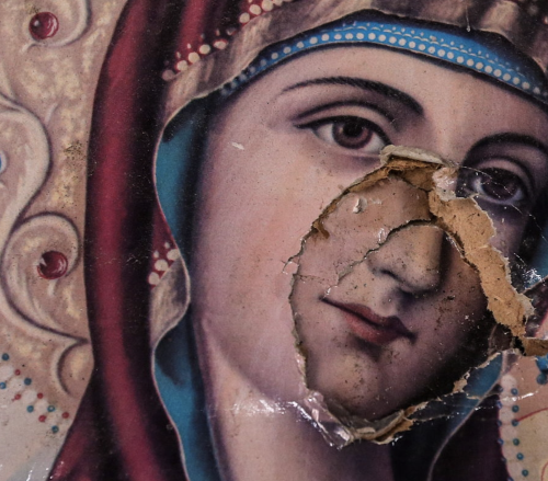 A damaged icon in the church of St. John the Evangelist, Maaloula, after a jihadist attack.&gt; Phot