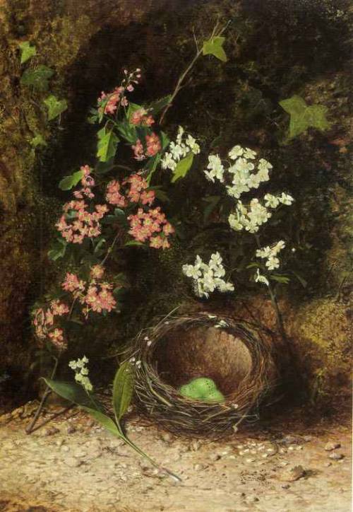 Still Life of Birds Nest with Primulas and Blossom, 1869, John Atkinson GrimshawMedium: oil,panel