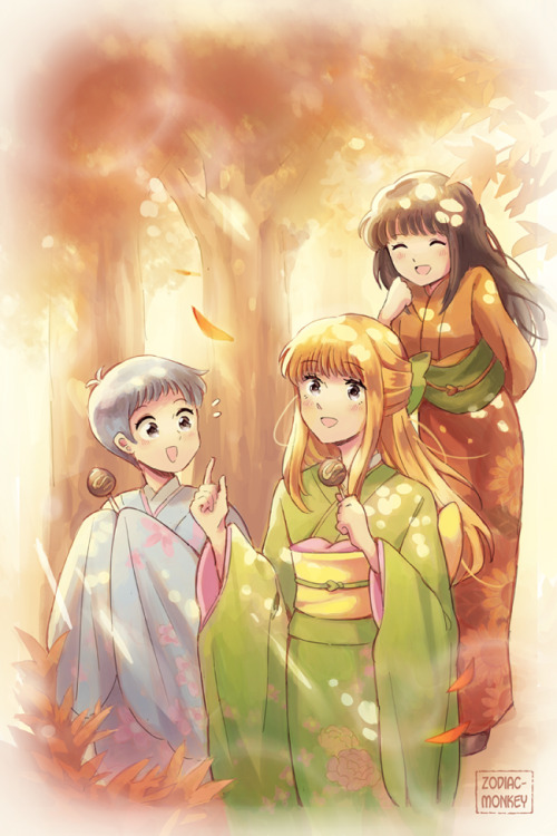 i was kindly allowed to draw ritchan, mitchan and kagura in autumn for the beautiful @furubazine!!! 