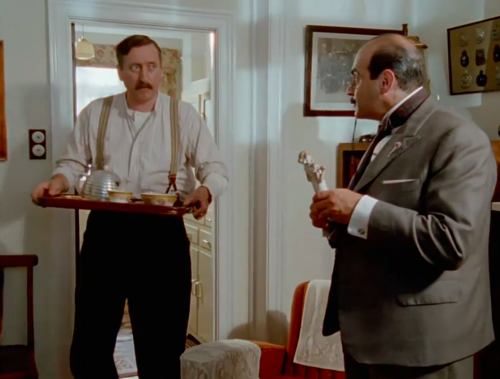 oldshrewsburyian:Poirot and Japp share a companionable Sunday tea (One, Two, Buckle My Shoe.)