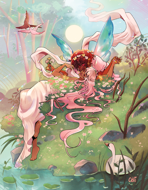 pianta:✨  two fairies embracing in a landscape with a swan ✨ my full piece for @novaandmali&lsq