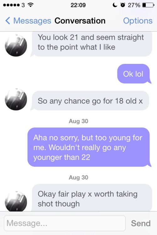 xsugarfacex:  Yay … Okcupid. Meh  First screen shot is the first time he messaged me, the rest were today -_-  And it’s pricks like this that need a lesson in how to be a dom..talking down to a woman..especially one.older.than you isn’t