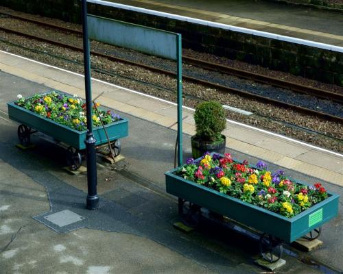 A Floral welcome at Knaresborough rail station, North Yorkshire, England.