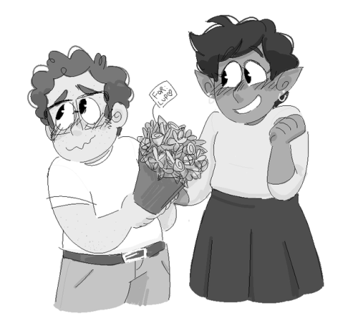 bortmcjorts:he get Flowers for he wife [image description: a grayscale drawing of Barry and Lup in f