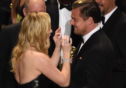 laughterwarmstheheart: Kate Winslet congratulating Leonardo Di Caprio on his first Oscar win…