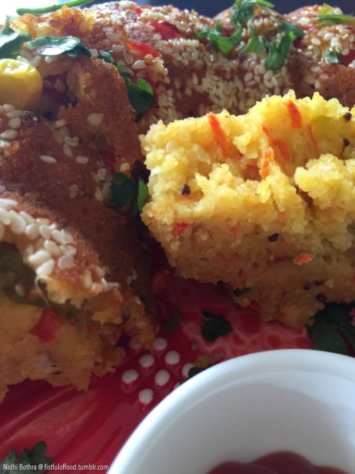 Baked Savory Semolina Vegetable Cake with carrots, zucchini, peppers, corn and ginger, tempered with